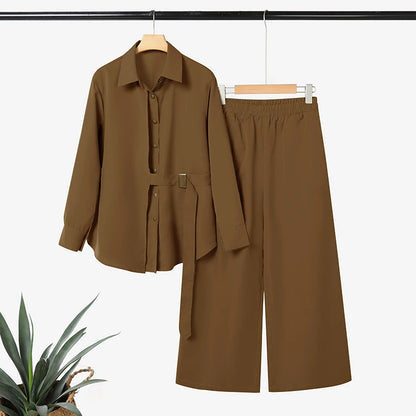 Modest Pant Suits for Hijabs Women Fashion Sashes Long Sleeve Shirts and Elastic Waist Pants 2 Piece Muslim Sets Islamic Outfits