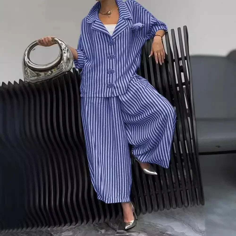 New Women Casual Tracksuits Set Long Sleeve Fashion Striped Blouse and Wide Leg Pants Suit Large Big 5xl Female Two Piece Sets