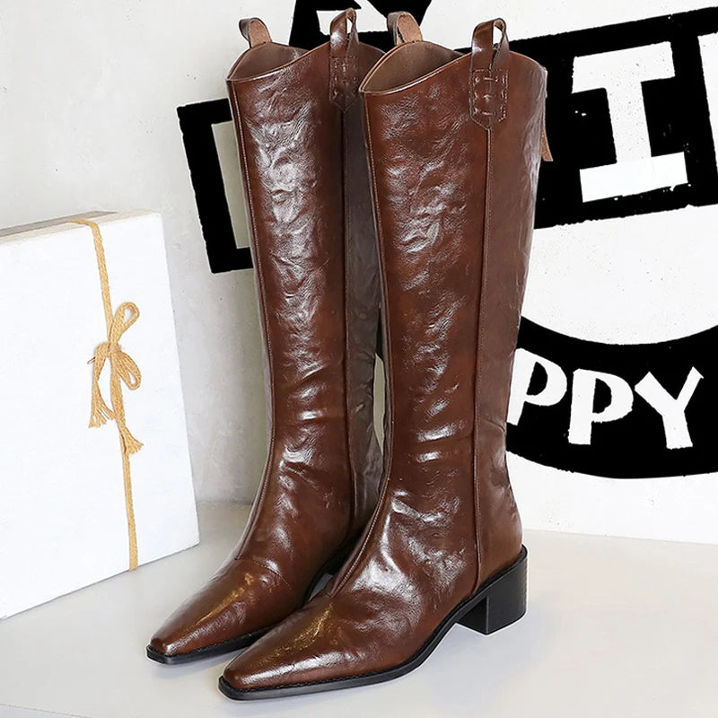 BIGTREE Spring Autumn Pointed Toe Knee-High Boots Women Designer Vintage Square Low Heels Shoes Modern Long Botas Para Mujer