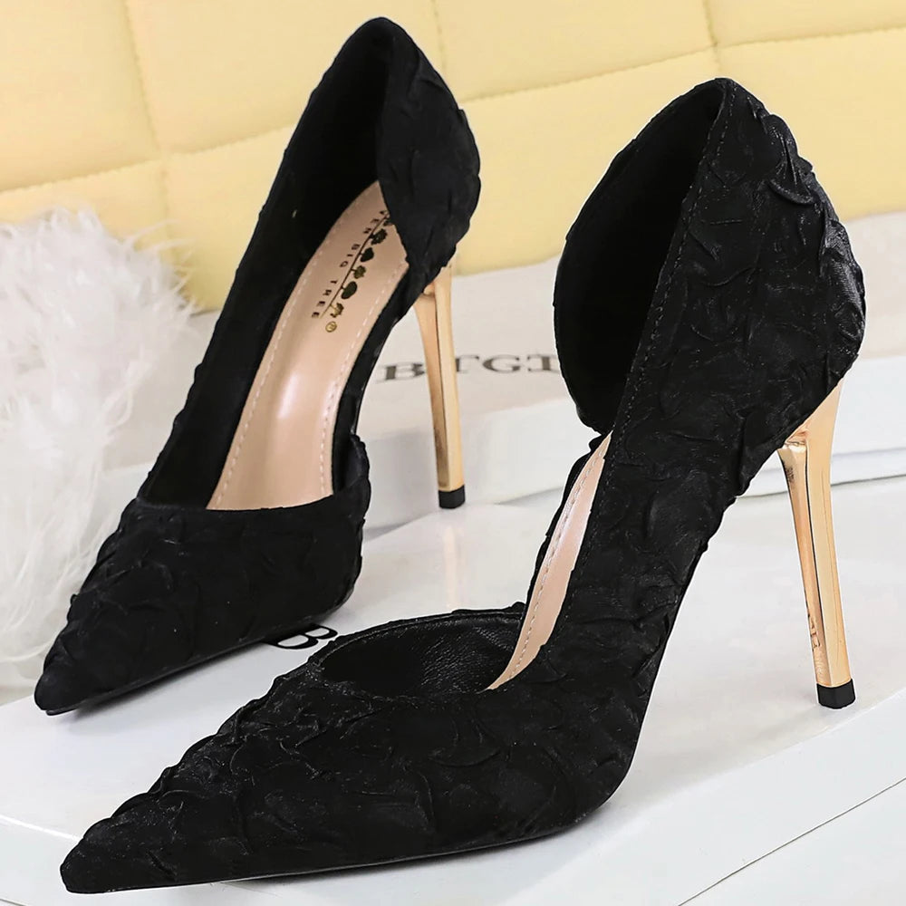 BIGTREE Shoes Women Pumps Wrinkled Satin Elegant High Heels Evening Gown Banquet Women Heels Stiletto 11 Cm Sexy Party Shoes