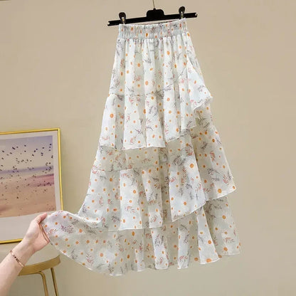 Hot Sale Floral Skirt Women New Summer 2025 Sweet Ruffled A-line Chiffon Long Skirt Woman Korean Clothing