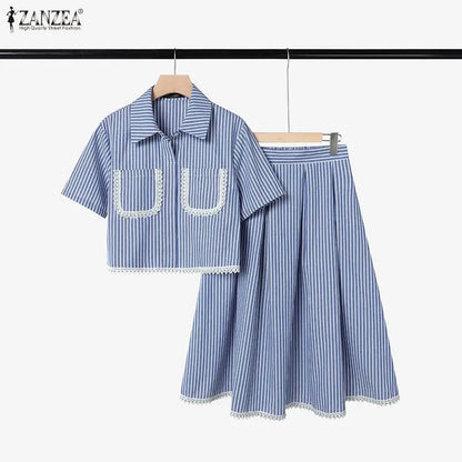 ZANZEA Women's Lace Trim Striped Skirt Suits Short Sleeve Crop Shirt & A-Line Midi Skirt 2 Pieces Sets Fashion Skirt Sets Outfit