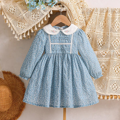 2‑6Y Girls 100% Cotton Floral Dress Spring Autumn Long Sleeve Embroidery Doll Collar Sweet A‑Line Princess Kids Party Dress