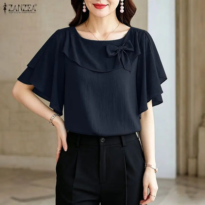 ZANZEA Women Elegant Bow Detail Blouses Summer Square Neck Ruffle Sleeves Solid Color Pullover Tops Casal Loose Blusas de Mujer