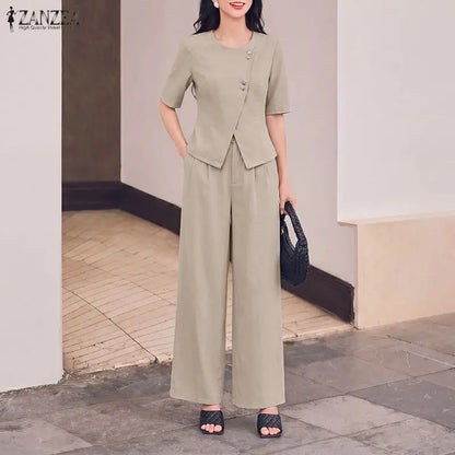 ZANZEA Women's Casual Pant Sets Wide Leg Pant & Short Sleeve Asymmetric Placket Tops 2 Pieces Sets Commute Pant Suits Outfits