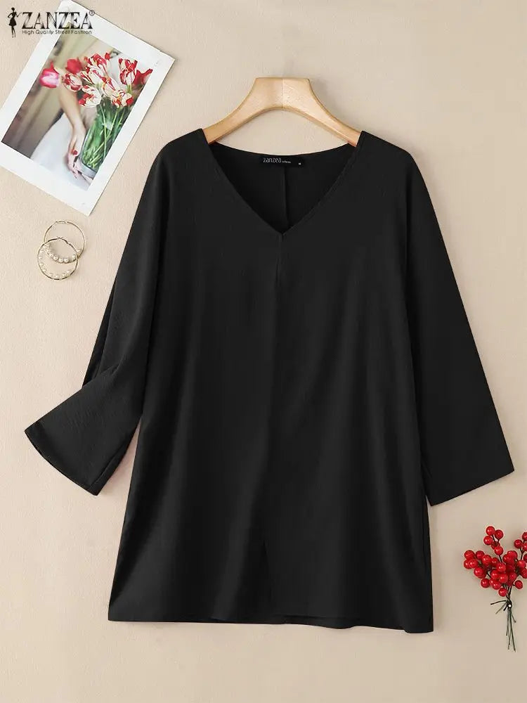 ZANZEA 2025 Autumn 3/4 Sleeve Blouses Women Casual V-Neck Solid Color Slit Hem Long Blouse Loose Everyday Wear 3 Colors S-3XL