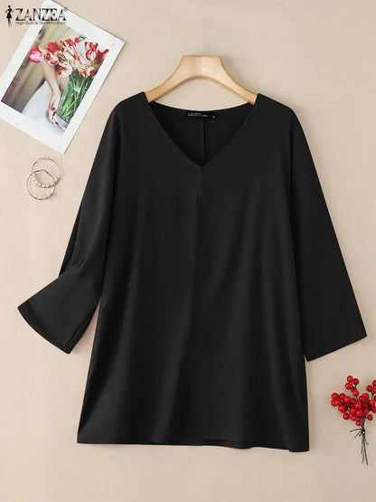ZANZEA 2025 Autumn 3/4 Sleeve Blouses Women Casual V-Neck Solid Color Slit Hem Long Blouse Loose Everyday Wear 3 Colors S-3XL