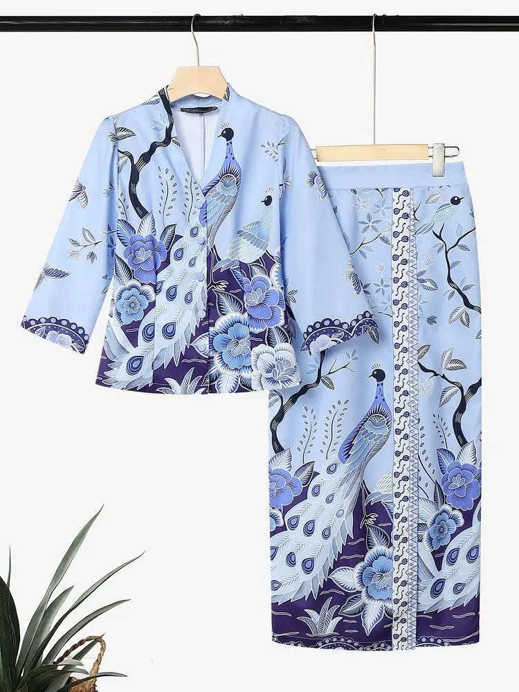 Women Bohemian Dress Sets ZANZEA Stylish Printed Outfits Elegant V Neck 3/4 Sleeve Blouse Maxi Skirt Suit Holiday 2 Pieces Sets