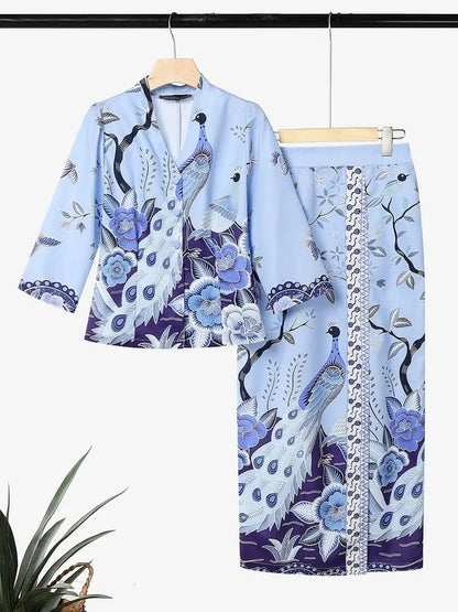 Women Bohemian Dress Sets ZANZEA Stylish Printed Outfits Elegant V Neck 3/4 Sleeve Blouse Maxi Skirt Suit Holiday 2 Pieces Sets
