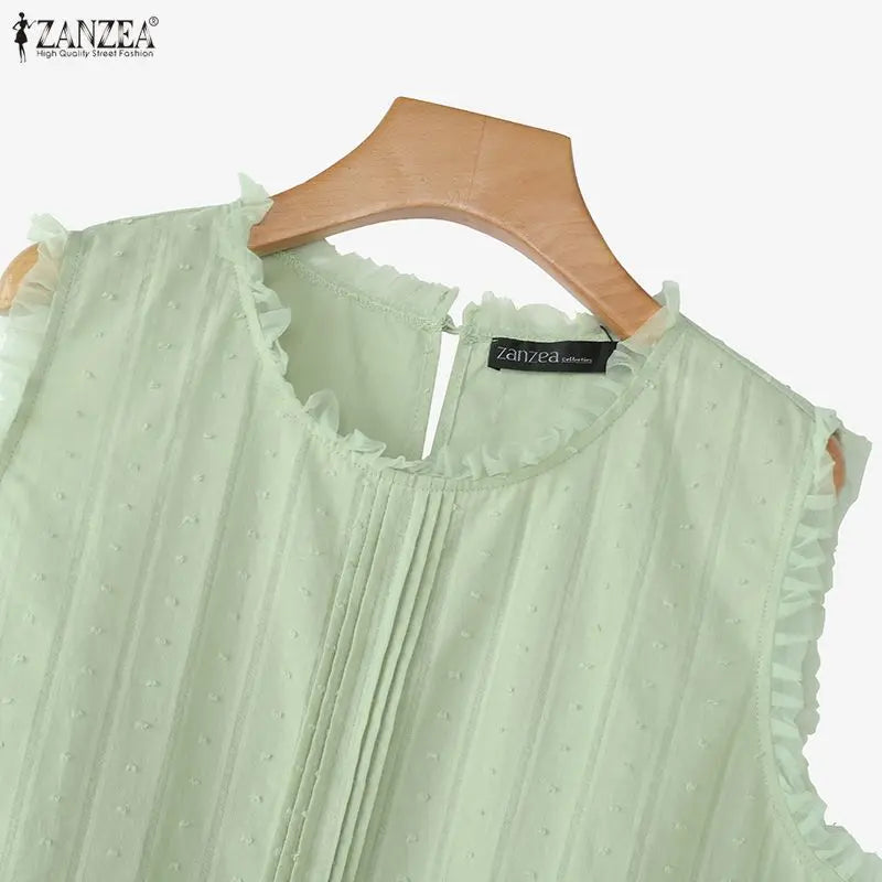 ZANZEA Women Blouses Ruffles Tops Sleeveless Tee Summer Blusas O Neck Tunic Oversize Casual Blouse Solid Color Streetwear