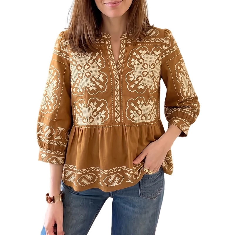 ZANZEA Women Summer Ethnic Floral Print Blouses Casual V-Neck 3/4 Lantern Sleeves Peplum Tops Bohemian Vacation Blusas Mujer