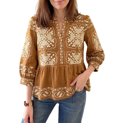 ZANZEA Women Summer Ethnic Floral Print Blouses Casual V-Neck 3/4 Lantern Sleeves Peplum Tops Bohemian Vacation Blusas Mujer