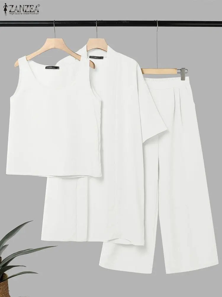 ZANZEA Feamle Cardigan Sleeveless Tanks Tops With Pants Stylish Women 3 Pieces Sets Casual Holiday Outfits Solid Color Tracksuit