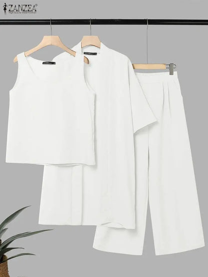 ZANZEA Feamle Cardigan Sleeveless Tanks Tops With Pants Stylish Women 3 Pieces Sets Casual Holiday Outfits Solid Color Tracksuit