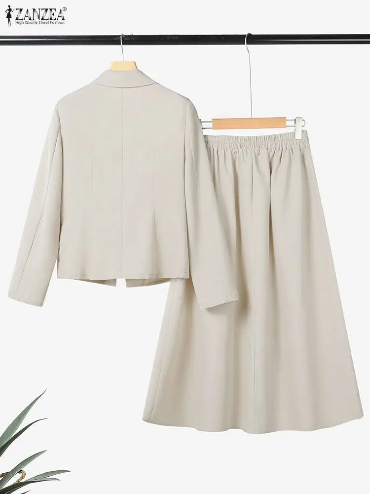 ZANZEA Office Women 2 Piece Sets Spring Outfits 2026 Elegant Long Sleeve Blazer Dress Suit Fashion Work OL Tracksuit Skirt Sets
