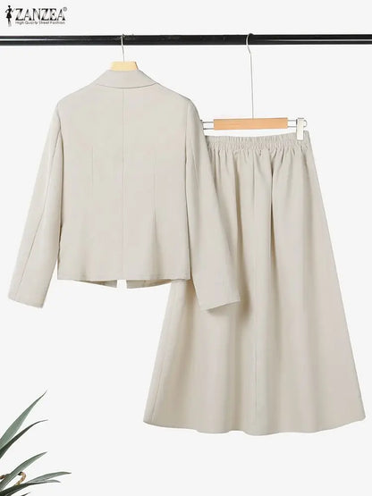 ZANZEA Office Women 2 Piece Sets Spring Outfits 2026 Elegant Long Sleeve Blazer Dress Suit Fashion Work OL Tracksuit Skirt Sets