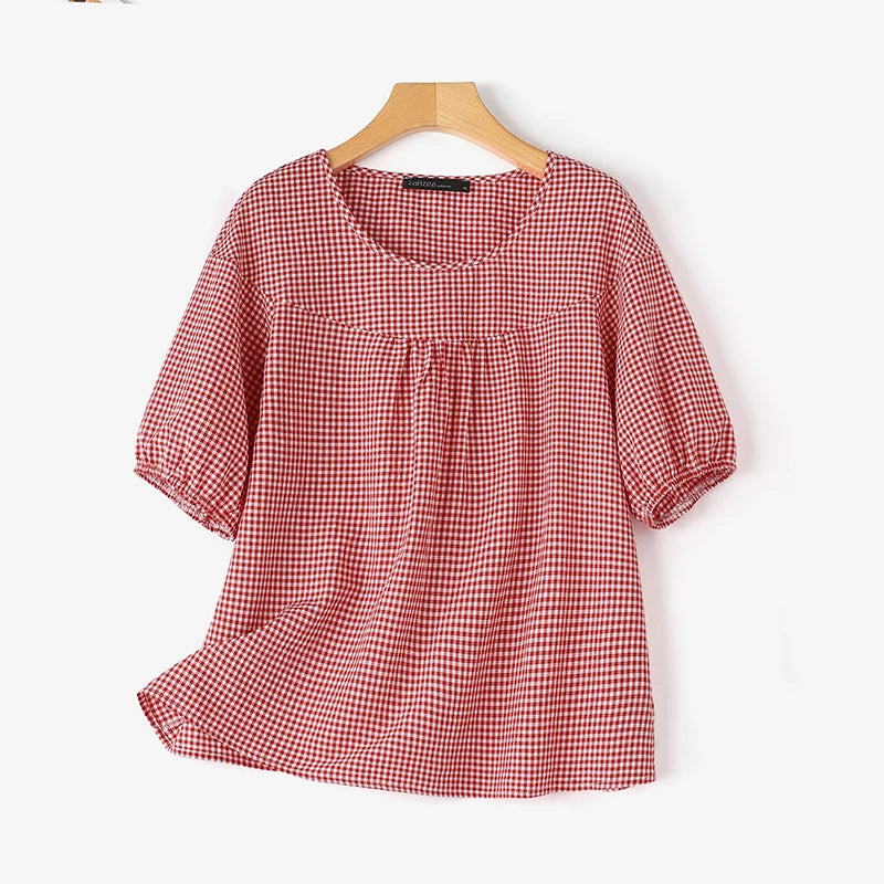 ZANZEA Summer Vintage Women Casual Loose Shirt Baggy Plaid Checked Tops Tunic Fashion O Neck Short Sleeve Blouse Blusas Chemise