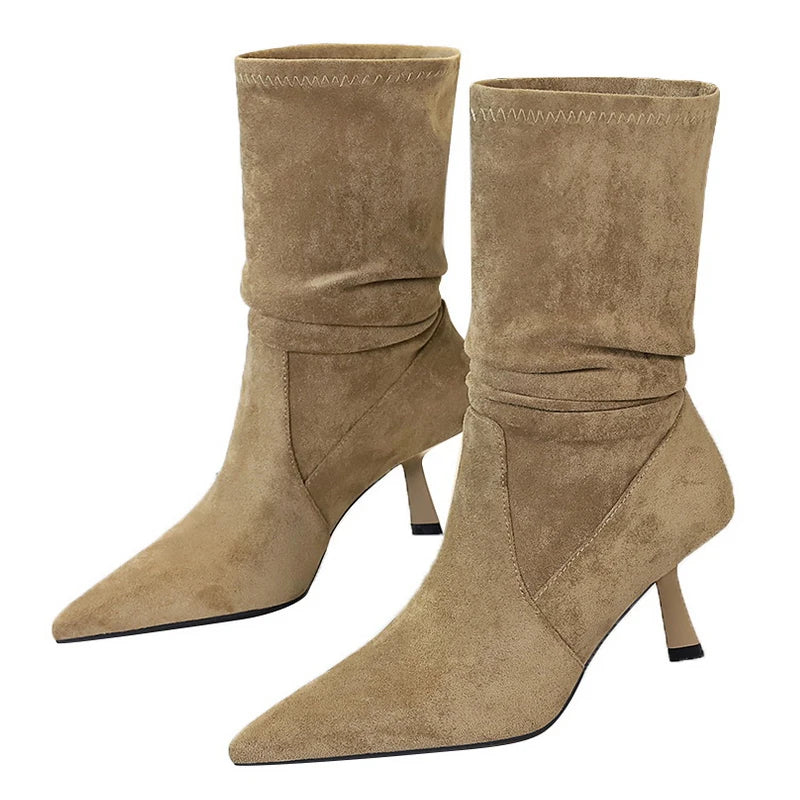 BIGTREE Shoes Women Pleated Elastic Boots Woman Stiletto 6.5 CM High Heel Boots Suede Ankle Boots Fashion Pointed Short Boots