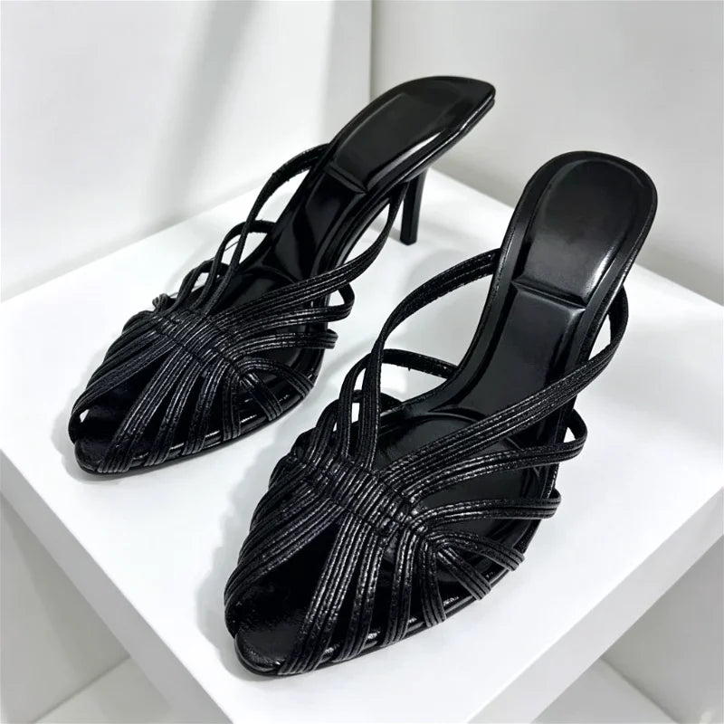 Golden Hollow Muels Sandals Women Sexy Thin High Heels for Ladies Elegant Gladiator Sandals Summer Comfortable Women Slippers