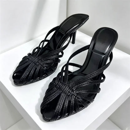 Golden Hollow Muels Sandals Women Sexy Thin High Heels for Ladies Elegant Gladiator Sandals Summer Comfortable Women Slippers