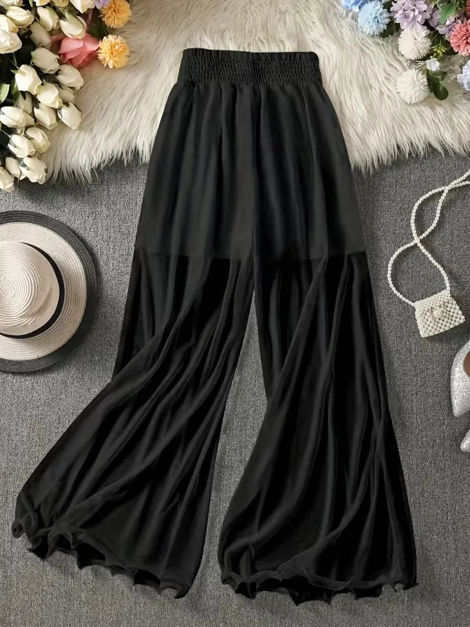 Summer solid color chiffon wide leg pants for women, high waisted, elastic waistband, flowing and slimming, casual pants