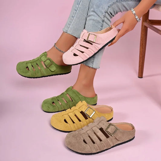 Women Summer Mules Suede Fisherman Shoes Closed Toe Buckle Cut-out Flat Casual Footwear Soft Sole Comfortable Slip-on