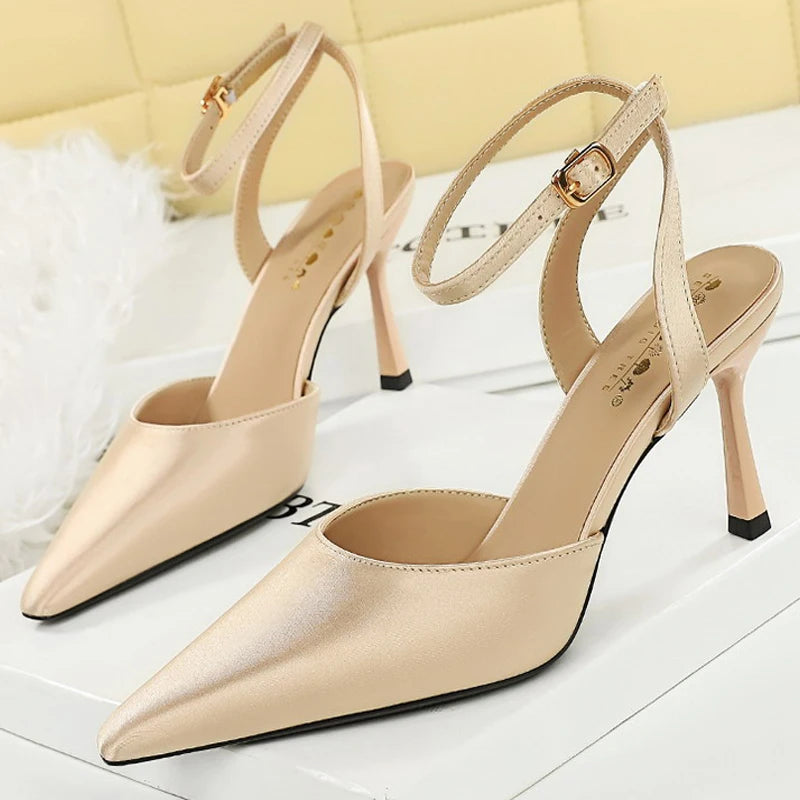 BIGTREE Shoes Silks Satins Heeled Sandals Women Shoes Sexy Party Shoes Women Pumps Buckle High Heels Summer Shoes Plus Size 43