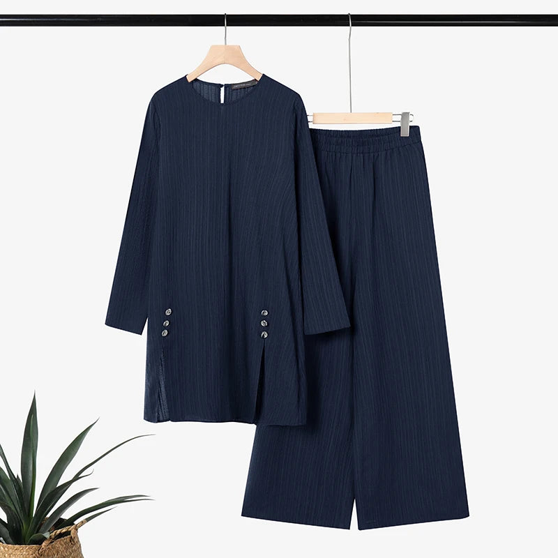 Ramadan Outfit 2026 ZANZEA Fashion Muslim Suit Women 2 Piece Sets Full Sleeve Long Tops Wide Leg Pant Sets Dubai Hijab Tracksuit