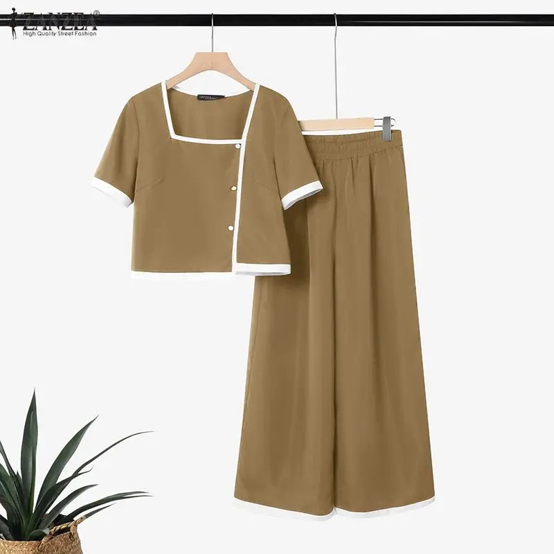 2026 Summer Short Sleeve Blouse Pant Sets ZANZEA Fashion Women 2 Pieces Sets Casual Patchwork Work Outfit Wide Leg Trousers Suit