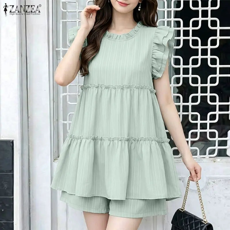 ZANZEA Summer Elegant Short Sleeve Ruffled Blouse Shorts Suit Stylish Women 2 Pieces Sets Holiday Outfit Tracksuit Matching Sets