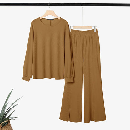 ZANZEA Plus Size-Women's Ribbed Knit Pant Suits Long Sleeve Tops & Slit Hem Wide-Leg Pants 2 Pieces Sets Cozy Loose Outfits 5XL