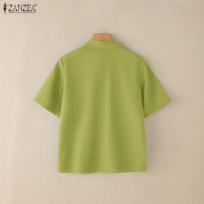 ZANZEA Summer Short Sleeves Woman Shirts Turn-Down Collar Pockets Button Up Casual Chic Tops Fashion Solid Color Chemises Femme