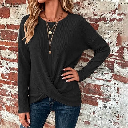 ZANZEA Women Autumn Waffle Knit Long Sleeve T-Shirts Crew Neck Twisted Knot Hem Pullover Tops Casual Loose Solid Woman Clothes