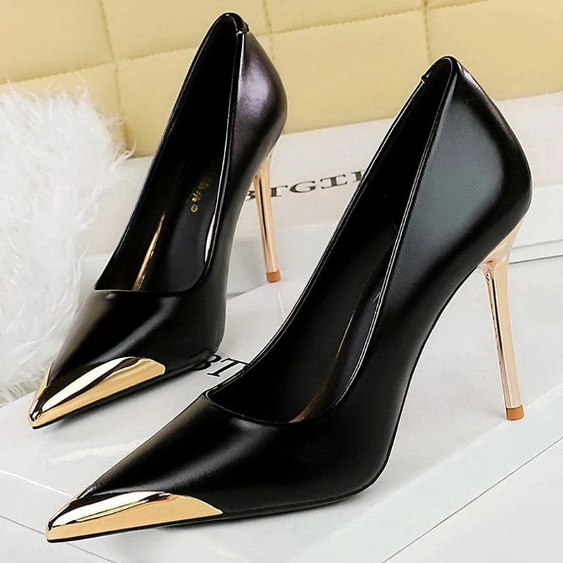 BIGTREE Shoes Retro High Heels Metal Pointed Tip Women Pumps Stiletto 9.5 Cm 4.5cm Heels Sexy Party Shoes Fashion Office Shoes