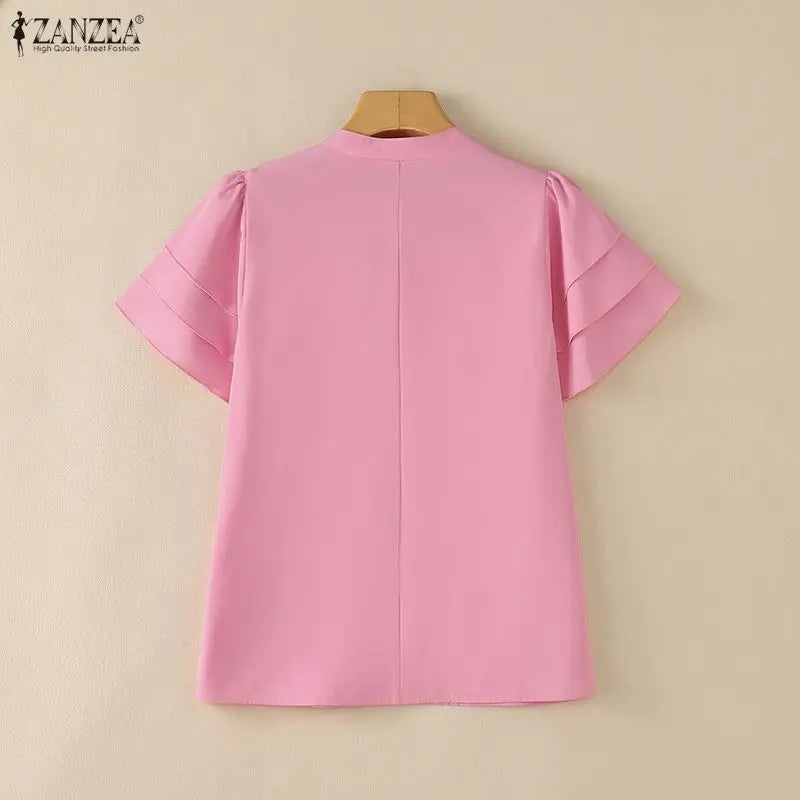 ZANZEA 2026 Woman Elegant Blouses Tie Neck Layered Ruffles Sleeves Pintuck Solid Tops Summer Casual Daily Wear Blusas Mujer 3XL
