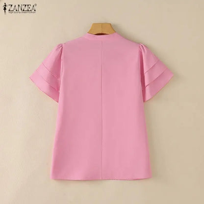 ZANZEA 2026 Woman Elegant Blouses Tie Neck Layered Ruffles Sleeves Pintuck Solid Tops Summer Casual Daily Wear Blusas Mujer 3XL