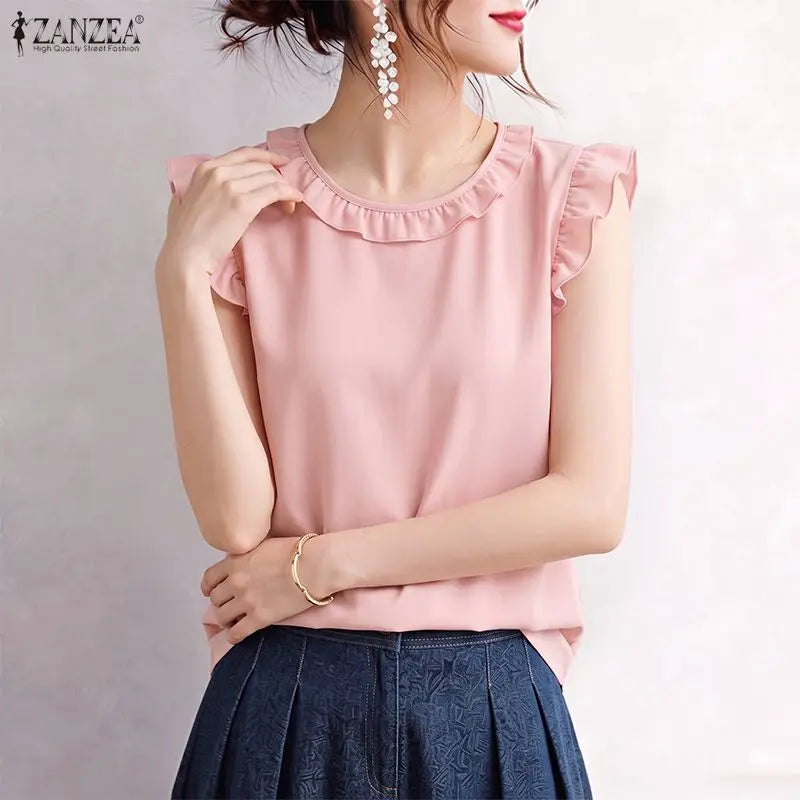 ZANZEA 2026 Women Elegant Regular-fit Blouses Ruffles Trim O-Neck Cap Sleeves Solid Color Tops Summer Lightweight Day Wear Blusa