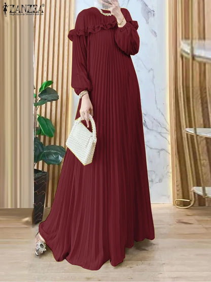 Muslim Elegant Maxi Dresses 2025 ZANZEA Spring Fashion Women Long Sleeve Pleated Party Sundress IsIamic Robe Turkey Dubai Abaya