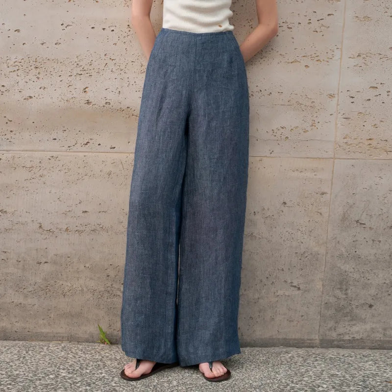 Vintage Pure Linen Long Pant for Women Fashion Casual Loose Spring and Summer Wide-leg Pants Streetwear Office Ladies Trousers
