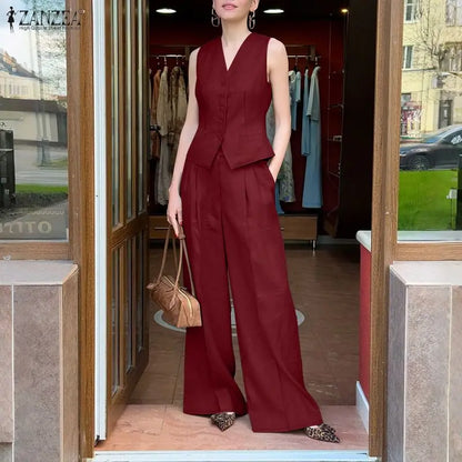 ZANZEA 2025 Summer Elegant V Neck Sleeveless Vests Tops Trousers Suits Stylish Women Outfits 2 Piece Sets Fashion OL Tracksuit