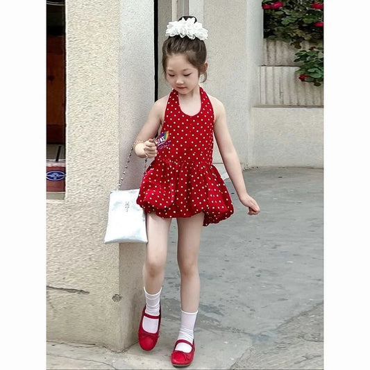 2026 summer kid baby party princess Girls halter Teenager backless vest polka dot slip dress tutu Bubble skirt 2 3 4 6 7 8 Years