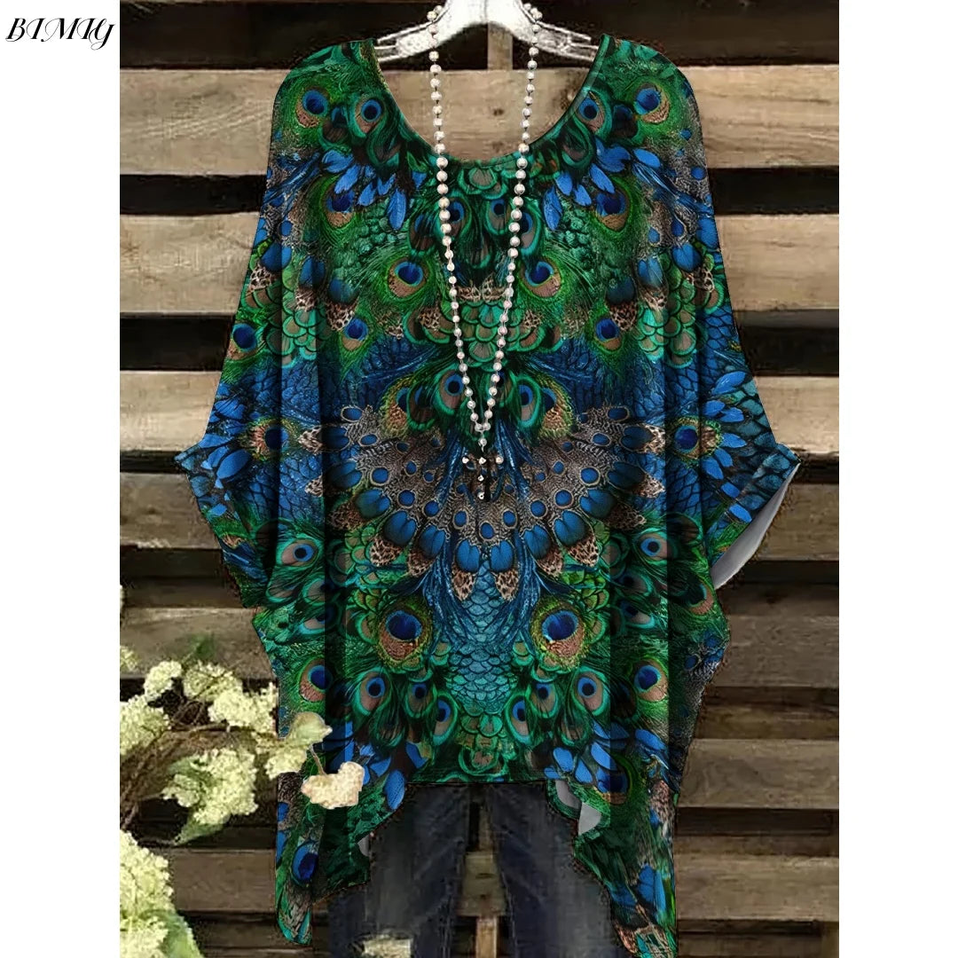 Bohemian Floral Tunic Plus Size Women's Bohemian Floral Print Tunic T-Shirt Short Sleeve Round Neck Casual Top Vibrant 2025