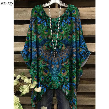 Bohemian Floral Tunic Plus Size Women's Bohemian Floral Print Tunic T-Shirt Short Sleeve Round Neck Casual Top Vibrant 2025