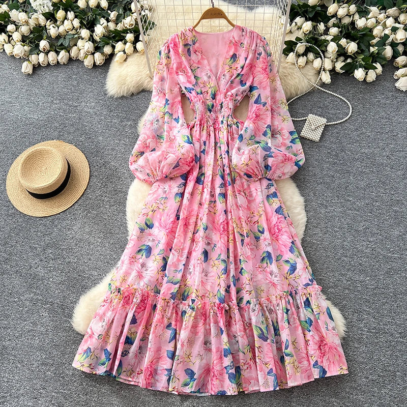 Spring Autumn French V-neck Lantern Sleeve Chiffon Dress Women Fashionable Elegant Elastic Waist Lotus Leaf Edge Length Dress L8