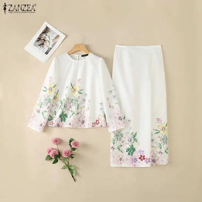 ZANZEA Women Elegant Floral Print 2 Pieces Skirt Sets Sophisticated Long Sleeve Blouses & Elastic Waist Maxi Skirts Co-ords Sets