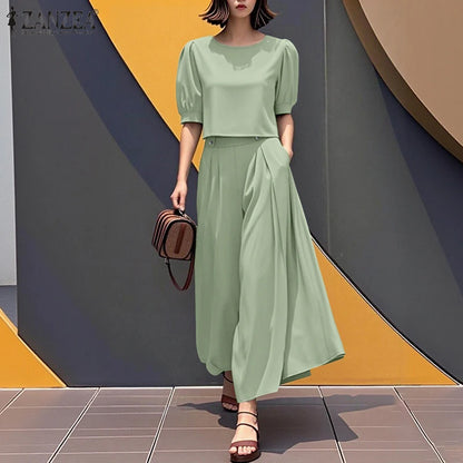 2026 ZANZEA Elegant Women Short Puff Sleeve Cropped Blouse Wide Leg Pant Sets Fashion Summer 2 Piece Sets Solid OL Work Outfits