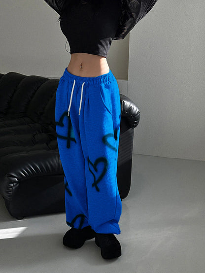 Women's Random Heart Print Drawstring Waist Sweatpants Y2k Pants Wide Leg Sweatpants