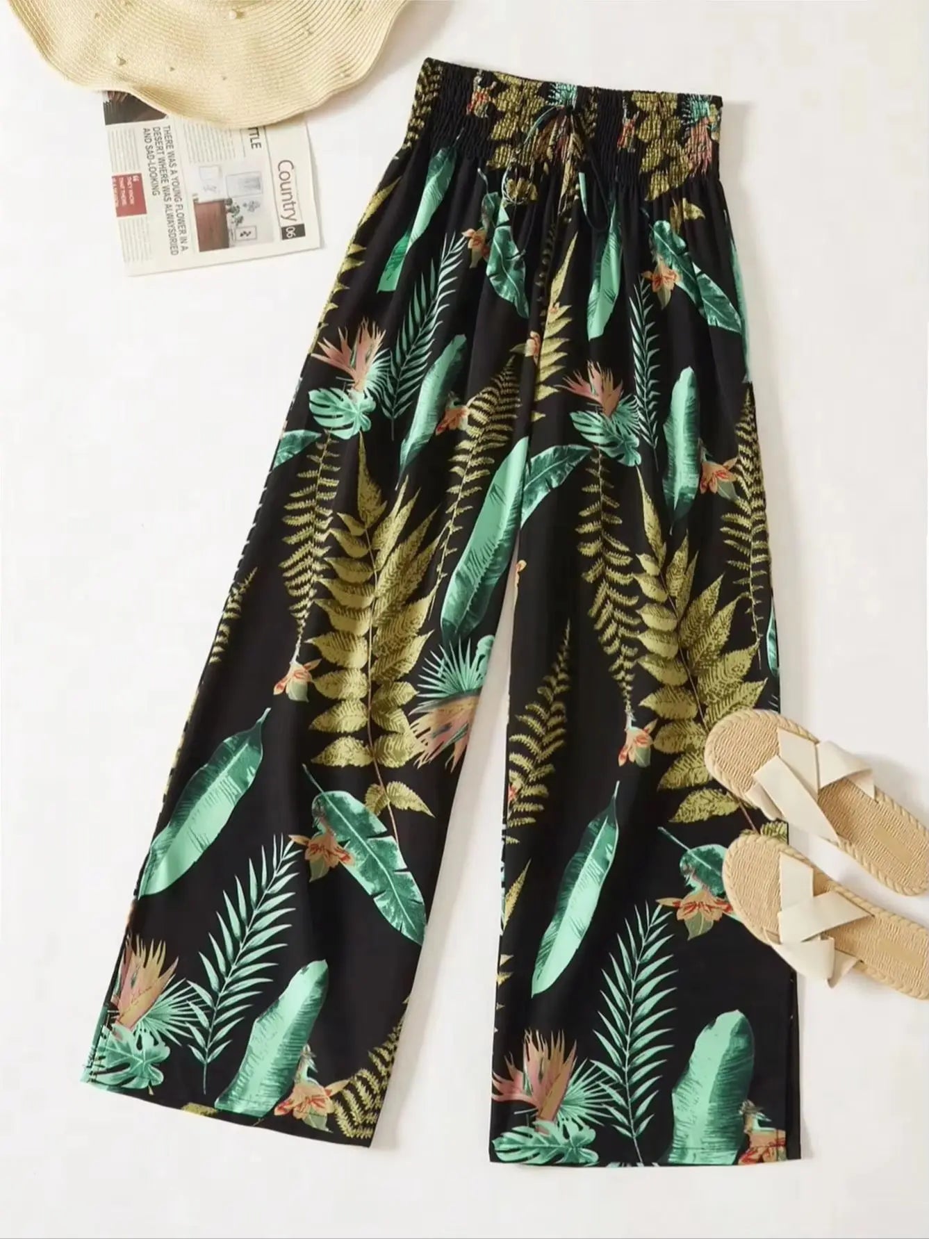 Women's Tropical Leaf Print Wide Leg Pants, Casual Elastic Waist Drawstring Palazzo Trousers For Ladies