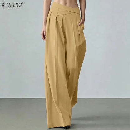 Elegant ZANZEA  Women Pants Summer Spring Wide Leg Pants Loose Thin Long Trousers OL Work Party Bottoms Streetwear Oversize