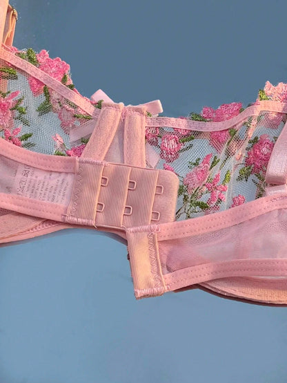 New Pink Transparent Bra Women Lingerie Set Ladies Embroidery Floral Bras Underwear Sets